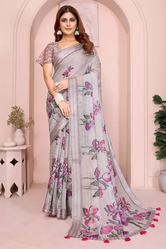 Grey linen cotton floral printed casual saree with matching blouse piece