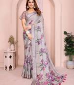 Grey linen cotton floral printed casual saree with matching blouse piece