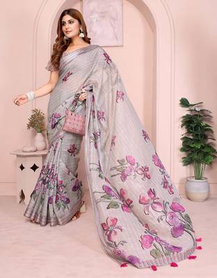 Grey linen cotton floral printed casual saree with matching blouse piece 2