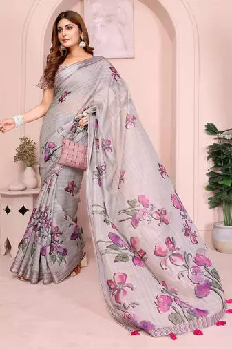 Grey linen cotton floral printed casual saree with matching blouse piece