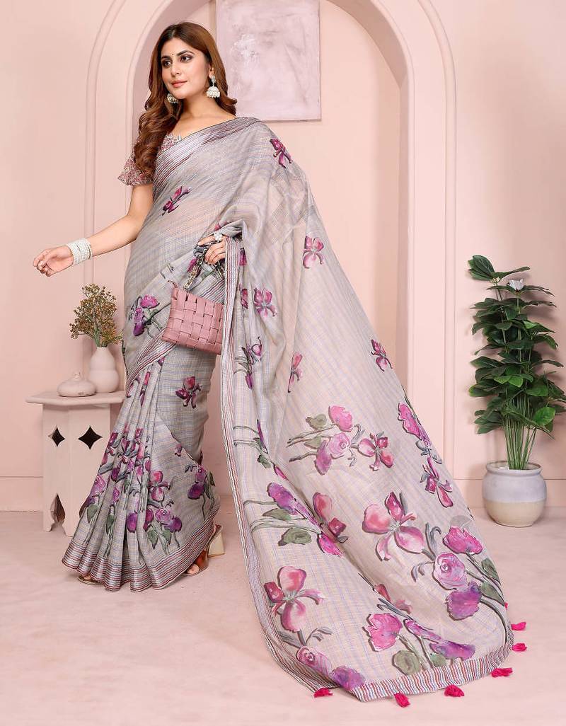 Grey linen cotton floral printed casual saree with matching blouse piece