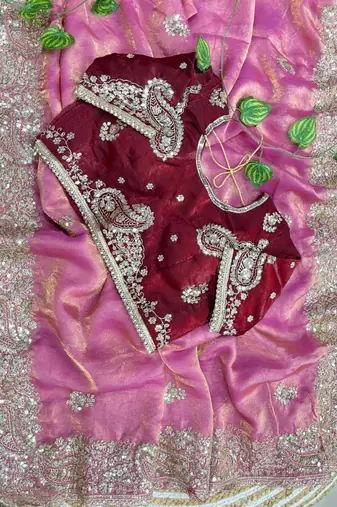 Pink silk blend embroidered saree with sequins work