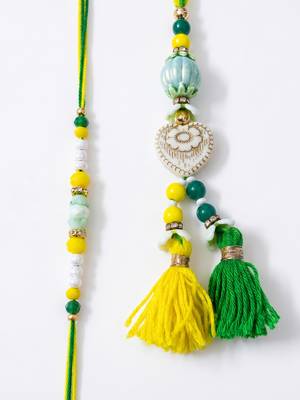 set of 2 green & yellow beaded heart shape bhaiya bhabhi rakhi with roli chawal 4