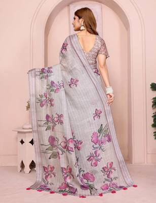 Grey linen cotton floral printed casual saree with matching blouse piece 3