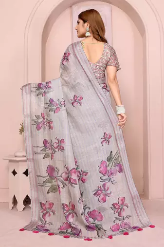 Grey linen cotton floral printed casual saree with matching blouse piece