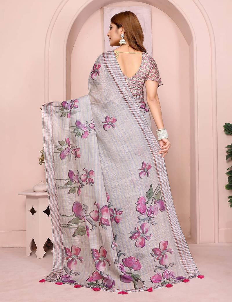 Grey linen cotton floral printed casual saree with matching blouse piece