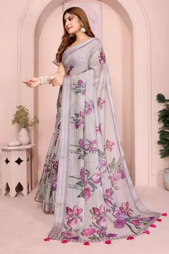 Grey linen cotton floral printed casual saree with matching blouse piece