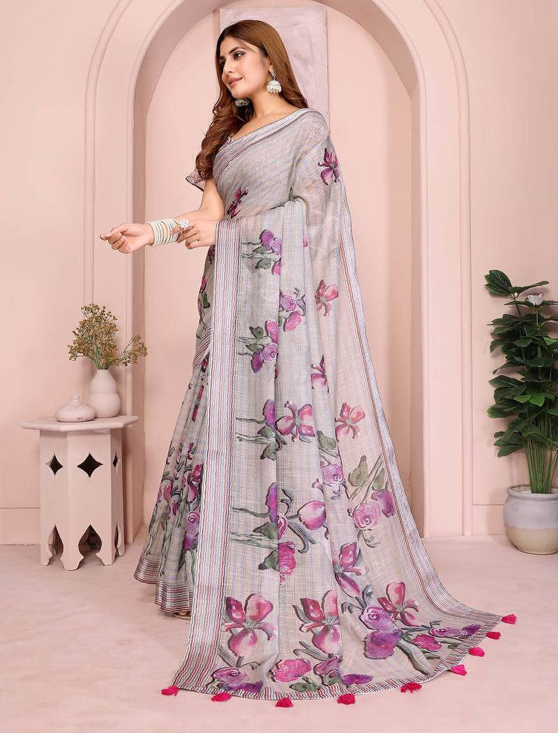 Grey linen cotton floral printed casual saree with matching blouse piece