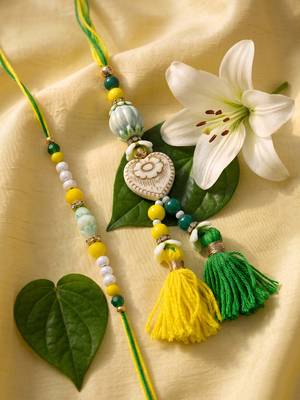 set of 2 green & yellow beaded heart shape bhaiya bhabhi rakhi with roli chawal 5