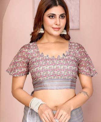 Grey linen cotton floral printed casual saree with matching blouse piece 5