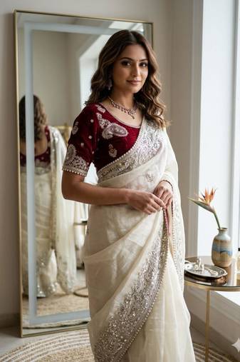 Cream silk blend embroidered saree with sequins work