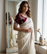 Cream silk blend embroidered saree with sequins work