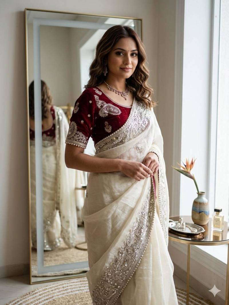 Cream silk blend embroidered saree with sequins work