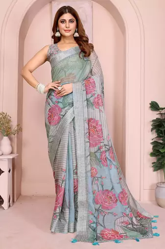 Multicolor linen cotton floral printed casual saree with matching blouse piece