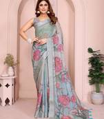 Multicolor linen cotton floral printed casual saree with matching blouse piece