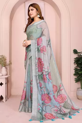 Multicolor linen cotton floral printed casual saree with matching blouse piece