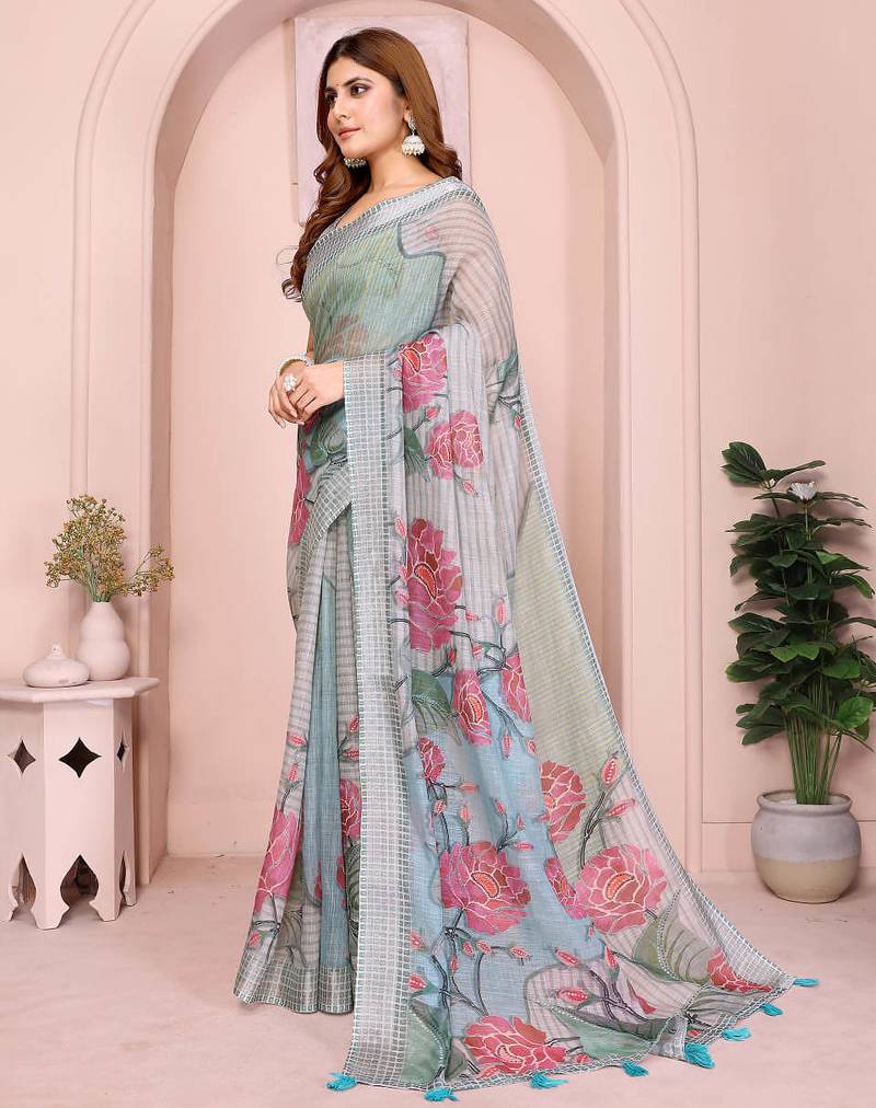 Multicolor linen cotton floral printed casual saree with matching blouse piece