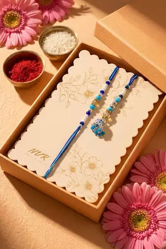 set of 2 blue artificial beads jhumka design bhaiya bhabhi rakhi with roli chawal