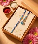 set of 2 blue artificial beads jhumka design bhaiya bhabhi rakhi with roli chawal