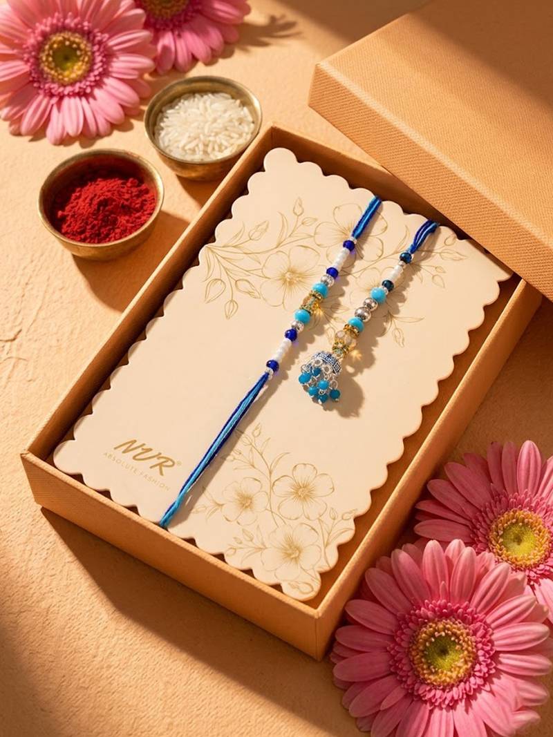 set of 2 blue artificial beads jhumka design bhaiya bhabhi rakhi with roli chawal