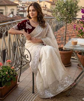 Cream silk blend embroidered saree with sequins work 2