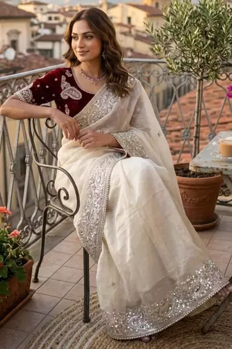 Cream silk blend embroidered saree with sequins work
