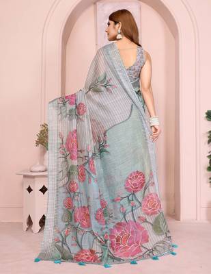 Multicolor linen cotton floral printed casual saree with matching blouse piece 3