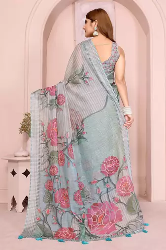 Multicolor linen cotton floral printed casual saree with matching blouse piece