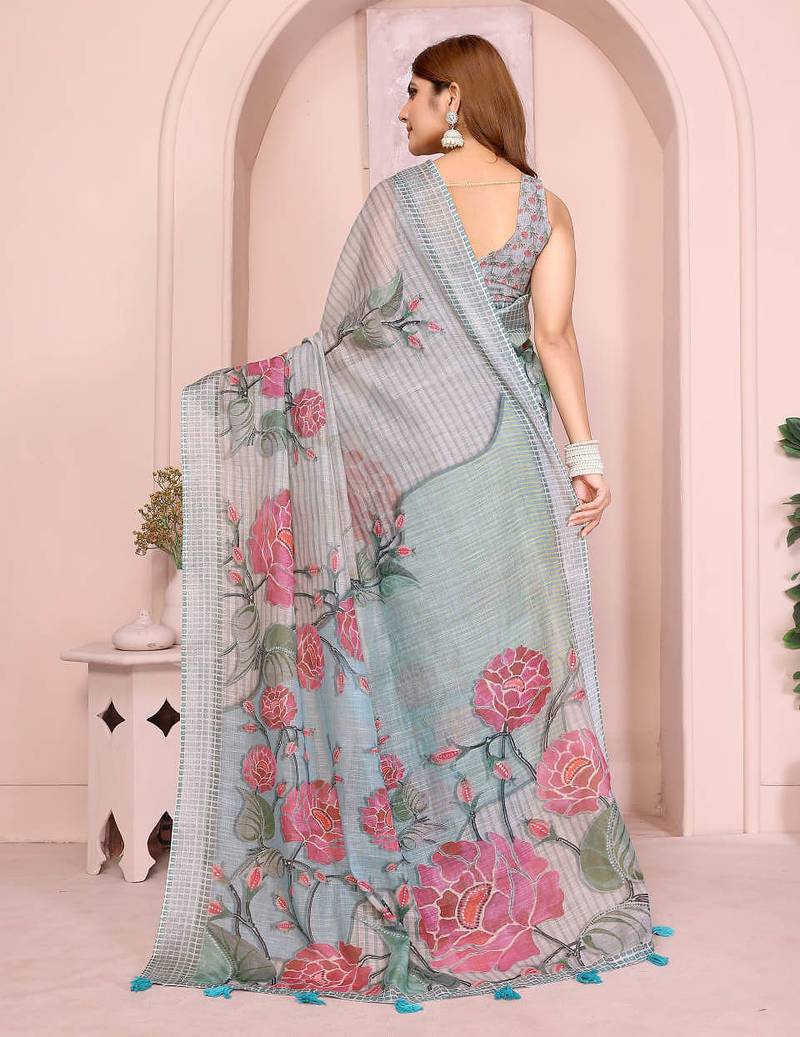 Multicolor linen cotton floral printed casual saree with matching blouse piece