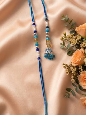 set of 2 blue artificial beads jhumka design bhaiya bhabhi rakhi with roli chawal 2