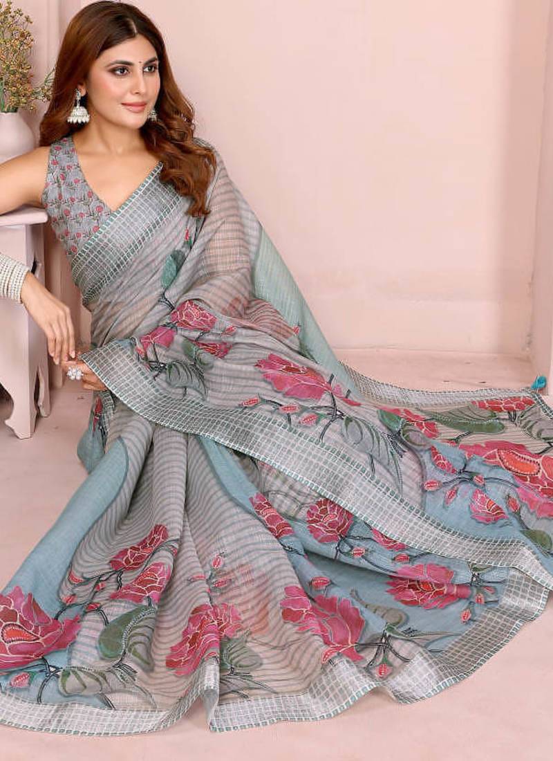 Multicolor linen cotton floral printed casual saree with matching blouse piece