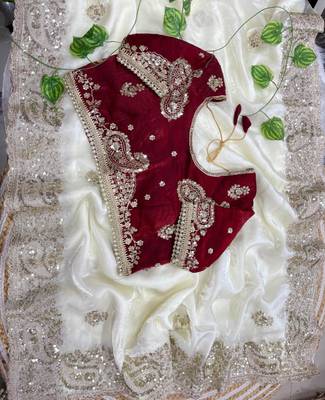 Cream silk blend embroidered saree with sequins work 3