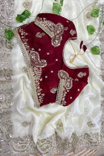 Cream silk blend embroidered saree with sequins work