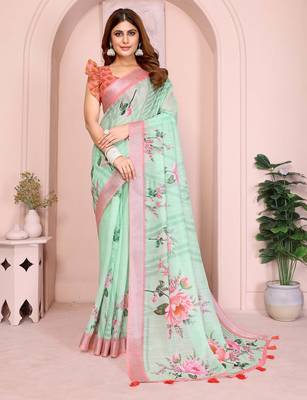Green linen cotton floral printed casual saree with matching blouse piece 1