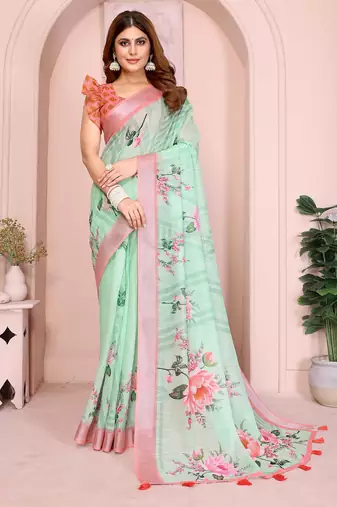 Green linen cotton floral printed casual saree with matching blouse piece