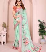 Green linen cotton floral printed casual saree with matching blouse piece
