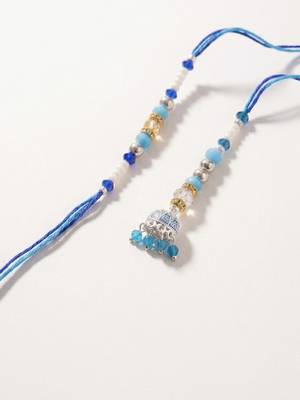 set of 2 blue artificial beads jhumka design bhaiya bhabhi rakhi with roli chawal 3