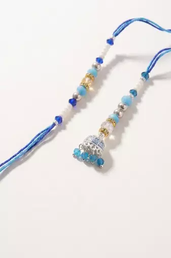 set of 2 blue artificial beads jhumka design bhaiya bhabhi rakhi with roli chawal