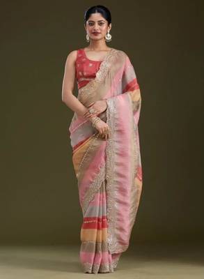 Multicolor silk blend printed saree with sequins work 1