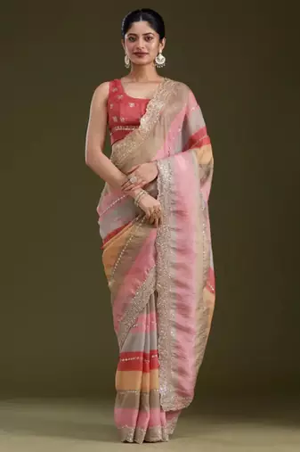 Multicolor silk blend printed saree with sequins work