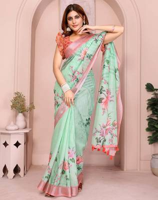 Green linen cotton floral printed casual saree with matching blouse piece 2