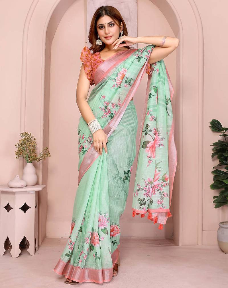 Green linen cotton floral printed casual saree with matching blouse piece