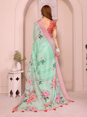 Green linen cotton floral printed casual saree with matching blouse piece 3