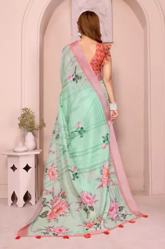 Green linen cotton floral printed casual saree with matching blouse piece