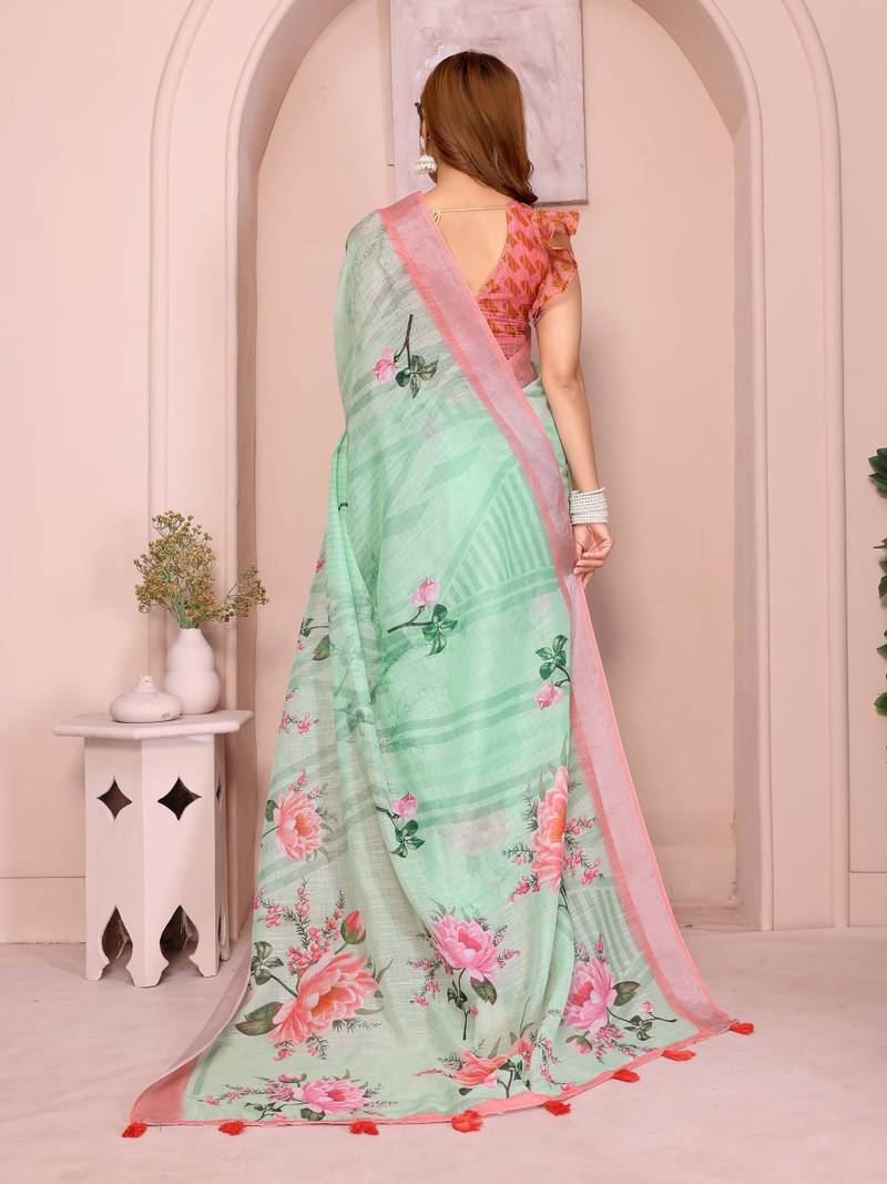 Green linen cotton floral printed casual saree with matching blouse piece