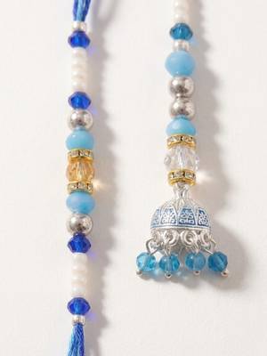 set of 2 blue artificial beads jhumka design bhaiya bhabhi rakhi with roli chawal 4