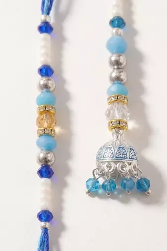 set of 2 blue artificial beads jhumka design bhaiya bhabhi rakhi with roli chawal