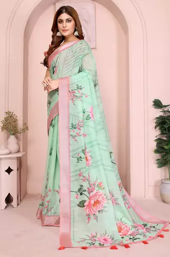 Green linen cotton floral printed casual saree with matching blouse piece