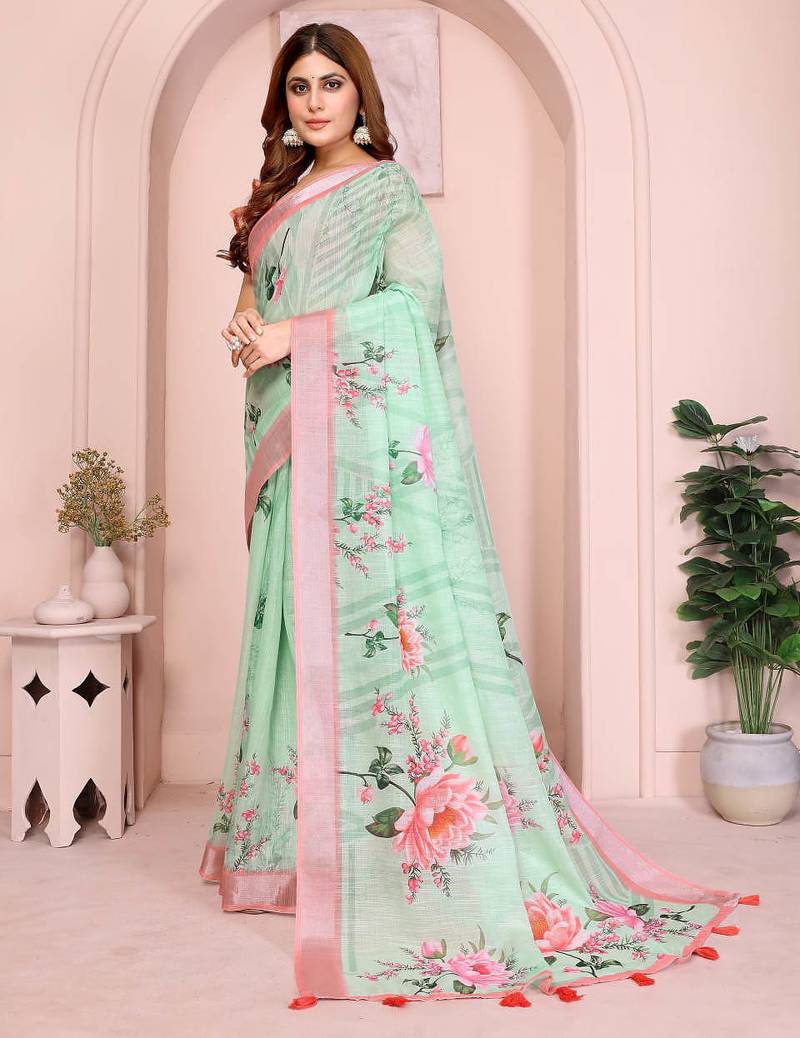 Green linen cotton floral printed casual saree with matching blouse piece