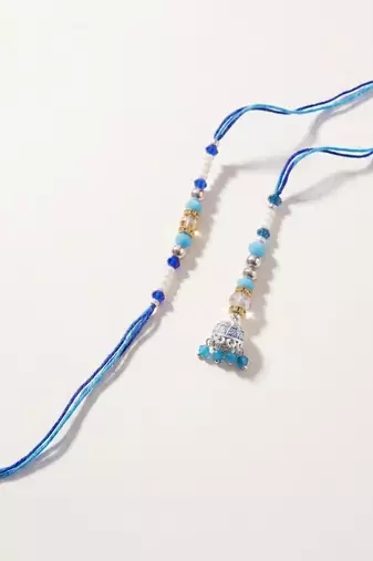 set of 2 blue artificial beads jhumka design bhaiya bhabhi rakhi with roli chawal
